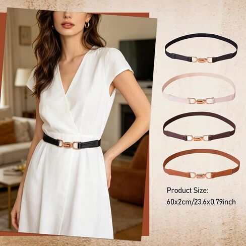 4 PCS Women Stretchy Waist Belt,Elastic Thin Waist Belt with Gold Buckle,Womens Belts for Dress,Shirts,Jeans,Pants in Kuwait