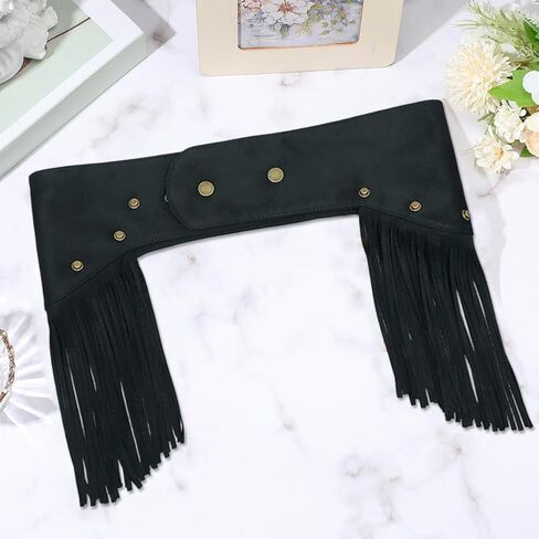 Black Faux Suede Waist Belt with Tassels Fringes Rivets Bohemian Style Vintage Fashion Wide Obi Corset Waistbands Waist Belts for Women Party Dance Dress Jeans Outfits Costume Accessories in Kuwait