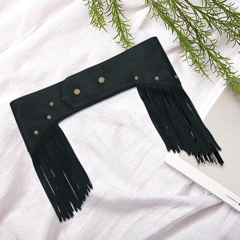 Black Faux Suede Waist Belt with Tassels Fringes Rivets Bohemian Style Vintage Fashion Wide Obi Corset Waistbands Waist Belts for Women Party Dance Dress Jeans Outfits Costume Accessories in Kuwait
