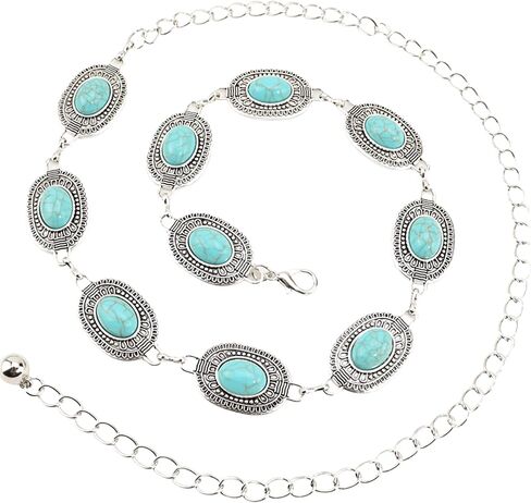 Women Turquoise Concho Chain Belt Western Cowgirl Waist Chain Oval Metal Link for Concert Country Jeans Dress in Saudi Arabia