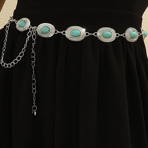 Women Turquoise Concho Chain Belt Western Cowgirl Waist Chain Oval Metal Link for Concert Country Jeans Dress in Saudi Arabia