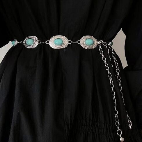 Women Turquoise Concho Chain Belt Western Cowgirl Waist Chain Oval Metal Link for Concert Country Jeans Dress in Saudi Arabia