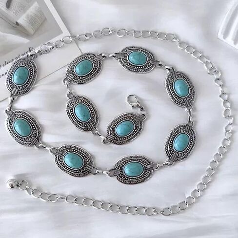 Women Turquoise Concho Chain Belt Western Cowgirl Waist Chain Oval Metal Link for Concert Country Jeans Dress in Saudi Arabia
