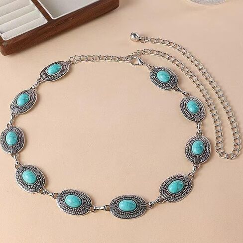 Women Turquoise Concho Chain Belt Western Cowgirl Waist Chain Oval Metal Link for Concert Country Jeans Dress in Saudi Arabia