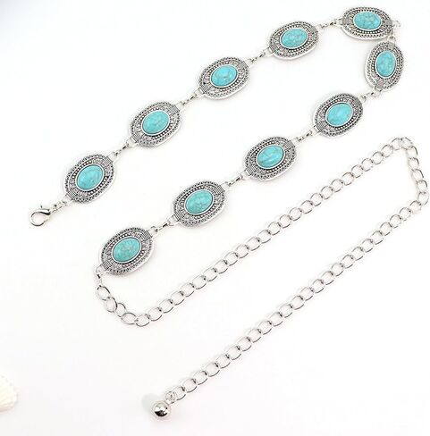 Women Turquoise Concho Chain Belt Western Cowgirl Waist Chain Oval Metal Link for Concert Country Jeans Dress in Saudi Arabia