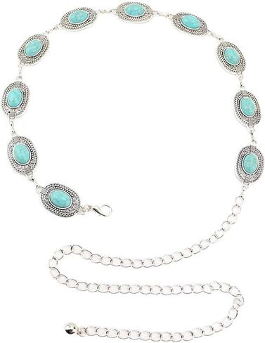 Women Turquoise Concho Chain Belt Western Cowgirl Waist Chain Oval Metal Link for Concert Country Jeans Dress in Saudi Arabia