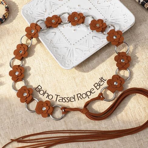 WHIPPY Women's Boho Braided Belt Western Cowgirl Flower Waist Belt for Dress Handwoven Tassel Rope Tie Braided Waistband in Kuwait