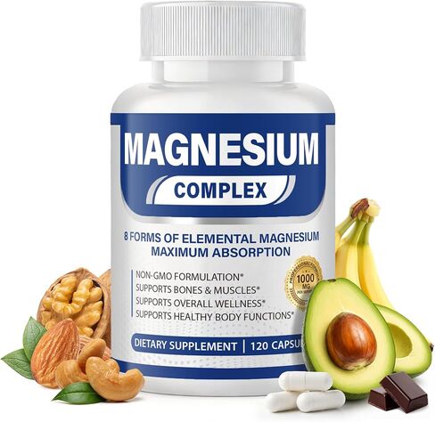 Magnesium Complex Supplement 1000mg with 8 Elemental, Magnesium Glycinate, Citrate, Malate, Taurate, Supports Relaxation, Bone Strength & Muscle Function - 120 Capsules in Kuwait
