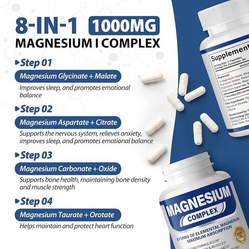 Magnesium Complex Supplement 1000mg with 8 Elemental, Magnesium Glycinate, Citrate, Malate, Taurate, Supports Relaxation, Bone Strength & Muscle Function - 120 Capsules in Kuwait