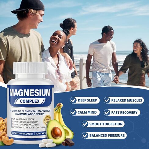 Magnesium Complex Supplement 1000mg with 8 Elemental, Magnesium Glycinate, Citrate, Malate, Taurate, Supports Relaxation, Bone Strength & Muscle Function - 120 Capsules in Kuwait