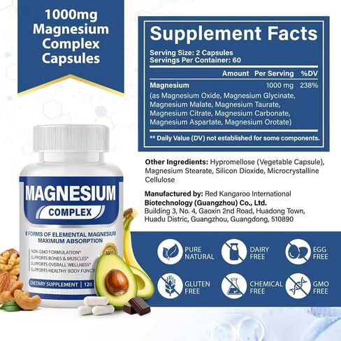 Magnesium Complex Supplement 1000mg with 8 Elemental, Magnesium Glycinate, Citrate, Malate, Taurate, Supports Relaxation, Bone Strength & Muscle Function - 120 Capsules in Kuwait