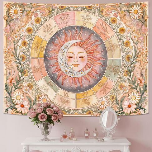 Gruaoihy Sun Moon Daisy Tapestry, Pink Boho Twelve Zodiac Aesthetic Floral Wall Art, Hippie Celestial Sunflower Decor for Bedroom Living Room Home, 60×80 inches in Kuwait