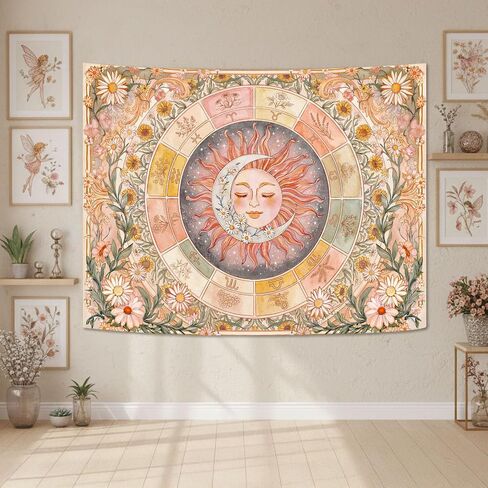 Gruaoihy Sun Moon Daisy Tapestry, Pink Boho Twelve Zodiac Aesthetic Floral Wall Art, Hippie Celestial Sunflower Decor for Bedroom Living Room Home, 60×80 inches in Kuwait