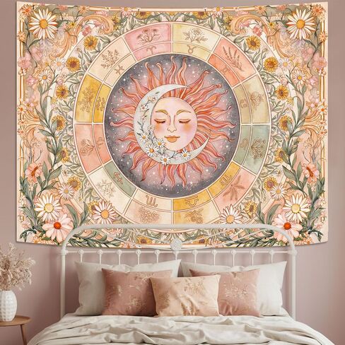 Gruaoihy Sun Moon Daisy Tapestry, Pink Boho Twelve Zodiac Aesthetic Floral Wall Art, Hippie Celestial Sunflower Decor for Bedroom Living Room Home, 60×80 inches in Kuwait