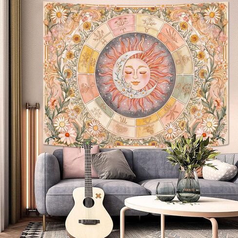 Gruaoihy Sun Moon Daisy Tapestry, Pink Boho Twelve Zodiac Aesthetic Floral Wall Art, Hippie Celestial Sunflower Decor for Bedroom Living Room Home, 60×80 inches in Kuwait