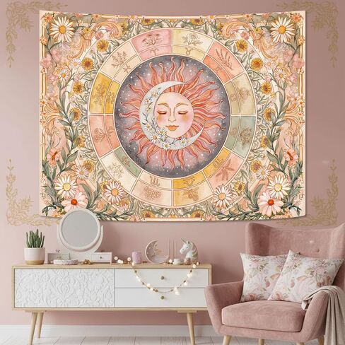 Gruaoihy Sun Moon Daisy Tapestry, Pink Boho Twelve Zodiac Aesthetic Floral Wall Art, Hippie Celestial Sunflower Decor for Bedroom Living Room Home, 60×80 inches in Kuwait