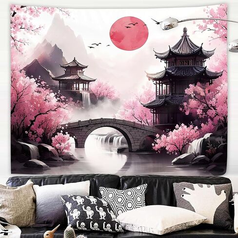 Japanese Samurai Dragon Tapestry 59W by 51H Inch Wall Hanging Cool Anime Black Red Cherry Blossom Asian Man Bedroom Living Room Dorm Polyester Fabric Home Decor in Saudi Arabia