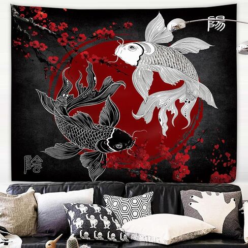Japanese Samurai Dragon Tapestry 59W by 51H Inch Wall Hanging Cool Anime Black Red Cherry Blossom Asian Man Bedroom Living Room Dorm Polyester Fabric Home Decor in Kuwait