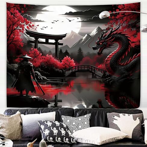 Japanese Samurai Dragon Tapestry 59W by 51H Inch Wall Hanging Cool Anime Black Red Cherry Blossom Asian Man Bedroom Living Room Dorm Polyester Fabric Home Decor in Kuwait