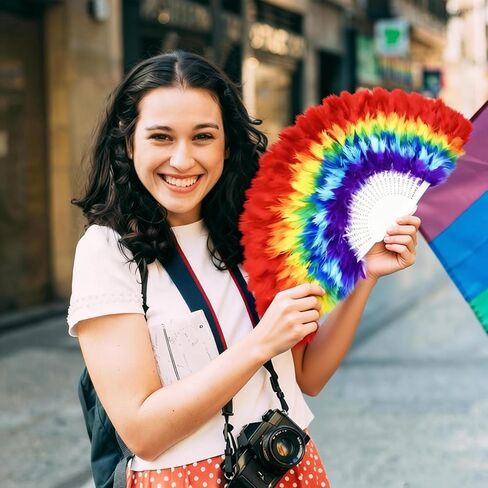 Rainbow Fan, Folding Hand Feather Fans Folding Rave Handheld Fans for Pride Day Parade, Party Performance, Dance, Festival Decorations in Saudi Arabia