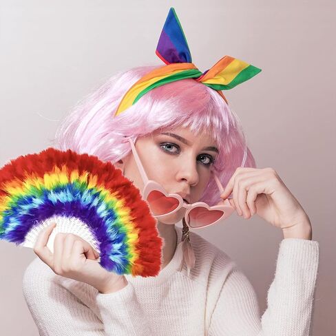 Rainbow Fan, Folding Hand Feather Fans Folding Rave Handheld Fans for Pride Day Parade, Party Performance, Dance, Festival Decorations in Saudi Arabia