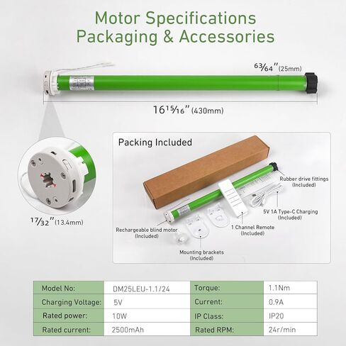 5V USB-C Tubular Motor Blinds Kit Retrofit Motorized Roller Blind with Remote Control, Rechargeable Smart Blinds for Windows in Saudi Arabia