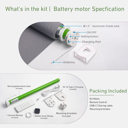 5V USB-C Tubular Motor Blinds Kit Retrofit Motorized Roller Blind with Remote Control, Rechargeable Smart Blinds for Windows in Saudi Arabia