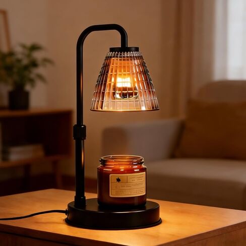 Candle Warmer Lamp with Timer & Dimmer, Adjustable Height Wax Melt Warmer for Scented Jar Candles, Ribbed Glass Shade and Black Metal Base in Kuwait