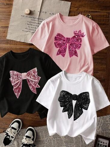 Girls Graphic T-Shirt 3-Pack, Printed Short Sleeve Crewneck Tees for Kids 8–14 in Kuwait