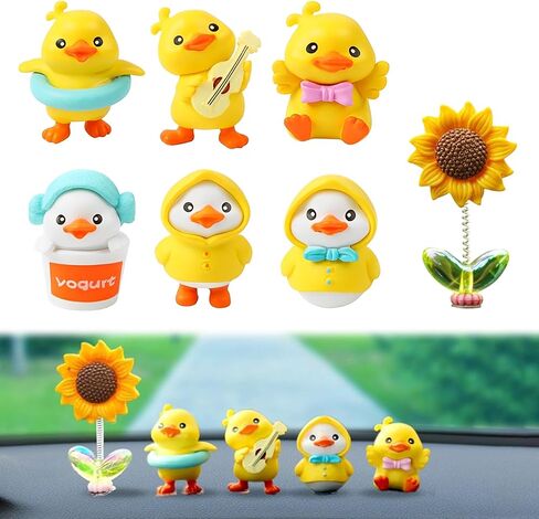 6 Pcs Yellow Ducks Car Decorations for Center Console and Dashboard，Center Console Decoration for Car ，Micro Landscape Decorative Ornaments.(6 Yellow Ducks+1 Sunflower) in Kuwait