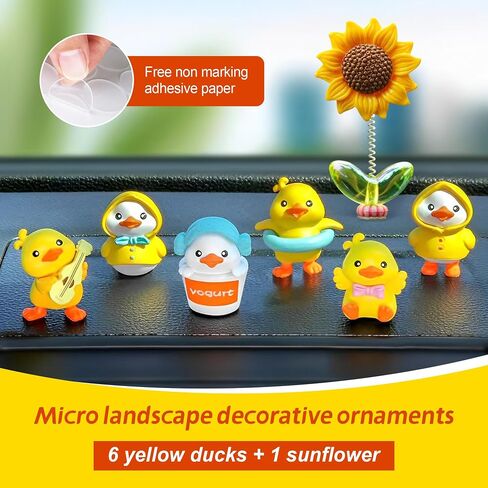 6 Pcs Yellow Ducks Car Decorations for Center Console and Dashboard，Center Console Decoration for Car ，Micro Landscape Decorative Ornaments.(6 Yellow Ducks+1 Sunflower) in Kuwait