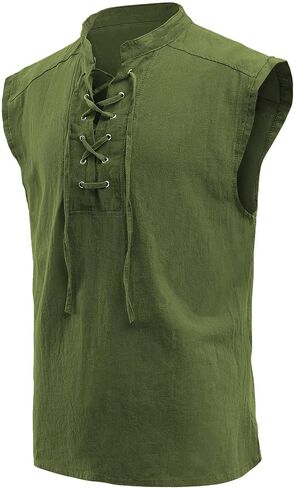 Mens Medieval Renaissance Pirate Costume Sleeveless Lace-up Stand Collar Shirt Gothic Viking Steampunk Top Tunic in Kuwait
