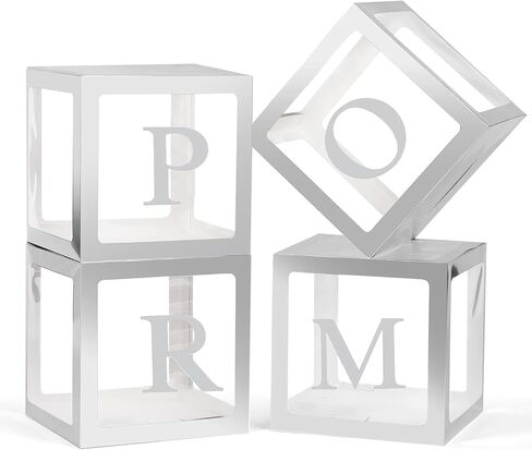 4 Pcs Prom Boxes with Letters 11.8 x 11.8 x 11.8 Inch Clear Prom Balloon Boxes Sliver for Prom Decorations 2026 in Saudi Arabia