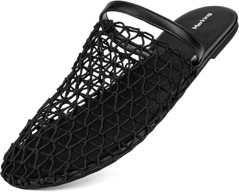 Merking Women's Fishnet Mesh Flat Sandals Hollow Out Slip On Slippers Casual Slide Shoes for Summer Vacation Beach Outdoor in Kuwait