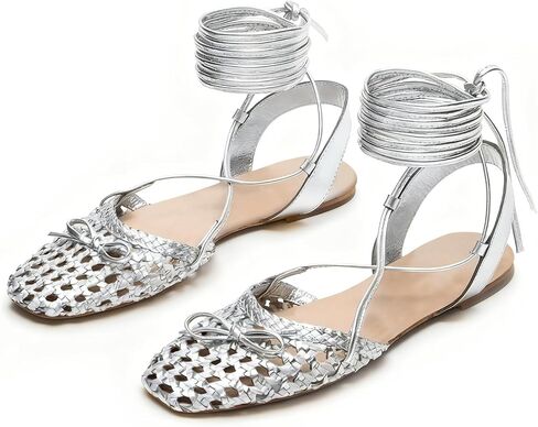Seborluys Lace Up Ballet Flats Sandals for Women Closed Square Toe Woven Strappy Flats Sandals with Cute Bow Dressy Summer Party Shoes in Kuwait