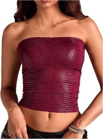 MakeMeChic Women's Bandeau Strapless Tube Top Faux Leather Y2K Sexy Crop Tops Hippie Clothes in Kuwait