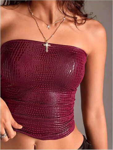 MakeMeChic Women's Bandeau Strapless Tube Top Faux Leather Y2K Sexy Crop Tops Hippie Clothes in Kuwait