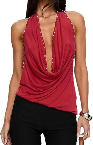 .Women Studded Halter Cowl Neck Sleeveless Y2k Punk Shirt Backless Drape Top Rave Cami Tank Going Out Club Vest in Kuwait