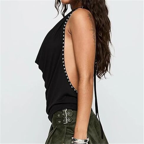 .Women Studded Halter Cowl Neck Sleeveless Y2k Punk Shirt Backless Drape Top Rave Cami Tank Going Out Club Vest in Kuwait