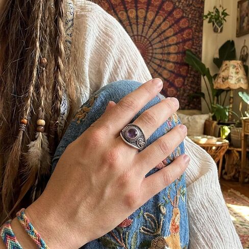 Natural Stone Ring, Amethyst, Tigers Eye & Obsidian Ring, Vintage Chunky Viking Jewelry for Women & Men in Saudi Arabia