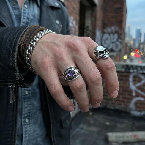Natural Stone Ring, Amethyst, Tigers Eye & Obsidian Ring, Vintage Chunky Viking Jewelry for Women & Men in Saudi Arabia