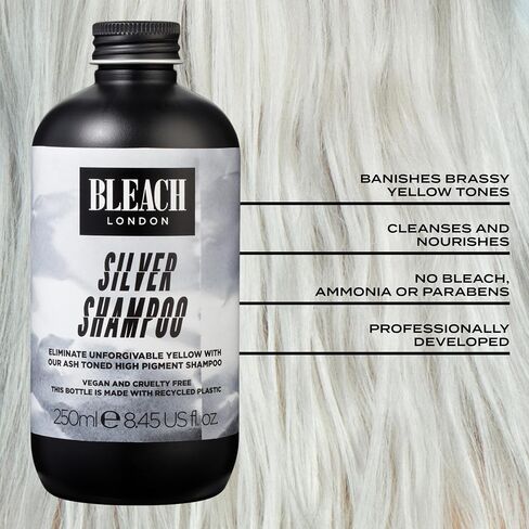 BLEACH LONDON Silver Shampoo - High Pigmented Ashy Silver Rinse, Vegan Cruelty Free, Color Protected Clean, Color Depositing Toning Formula 8.45 fl oz in Kuwait