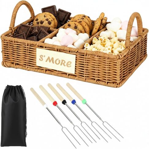 Wicker S'mores Caddy with 5 Extendable Marshmallow Roasting Sticks & Storage Bag, 5-Compartment Smores Station Organizer with Handles, Portable Smores Kit for Fire Pit Camping Backyard Party BBQ in Saudi Arabia