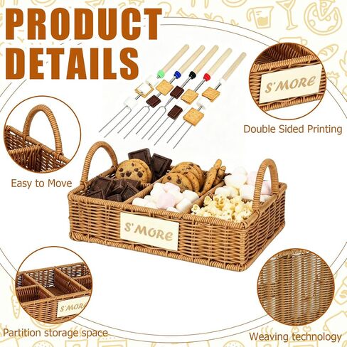 Wicker S'mores Caddy with 5 Extendable Marshmallow Roasting Sticks & Storage Bag, 5-Compartment Smores Station Organizer with Handles, Portable Smores Kit for Fire Pit Camping Backyard Party BBQ in Saudi Arabia