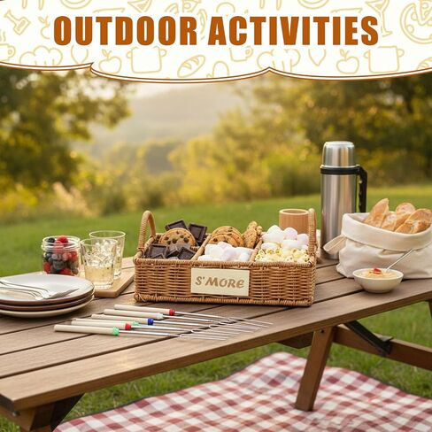 Wicker S'mores Caddy with 5 Extendable Marshmallow Roasting Sticks & Storage Bag, 5-Compartment Smores Station Organizer with Handles, Portable Smores Kit for Fire Pit Camping Backyard Party BBQ in Saudi Arabia