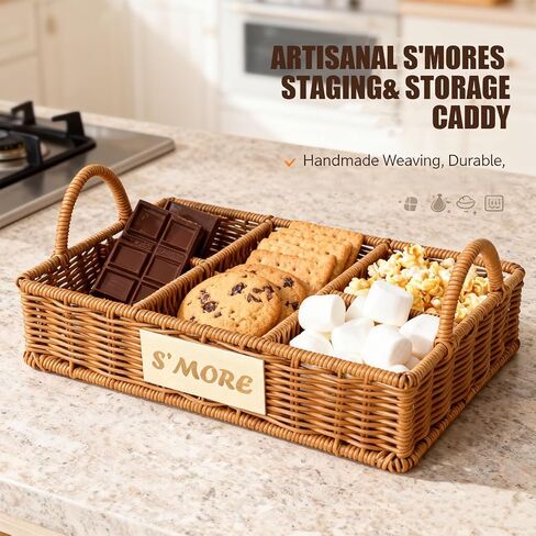 Wicker S'mores Caddy with 5 Extendable Marshmallow Roasting Sticks & Storage Bag, 5-Compartment Smores Station Organizer with Handles, Portable Smores Kit for Fire Pit Camping Backyard Party BBQ in Saudi Arabia