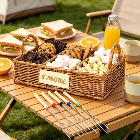 Wicker S'mores Caddy with 5 Extendable Marshmallow Roasting Sticks & Storage Bag, 5-Compartment Smores Station Organizer with Handles, Portable Smores Kit for Fire Pit Camping Backyard Party BBQ in Saudi Arabia