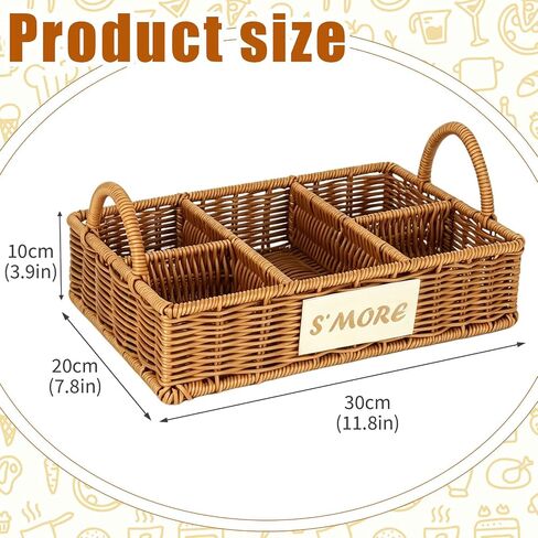Wicker S'mores Caddy with 5 Extendable Marshmallow Roasting Sticks & Storage Bag, 5-Compartment Smores Station Organizer with Handles, Portable Smores Kit for Fire Pit Camping Backyard Party BBQ in Saudi Arabia