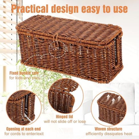Cable Management Box Handmade Rattan Cable Organizer Stylish Hider Box with 2 Open Slots Desk Decorative Storage for Home Office Power Strips Cord Hider in Saudi Arabia