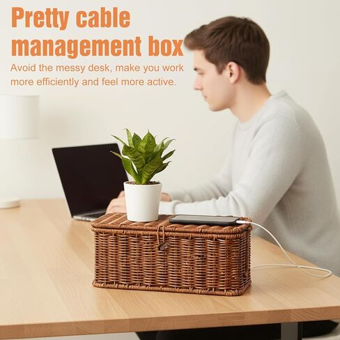 Cable Management Box Handmade Rattan Cable Organizer Stylish Hider Box with 2 Open Slots Desk Decorative Storage for Home Office Power Strips Cord Hider in Saudi Arabia
